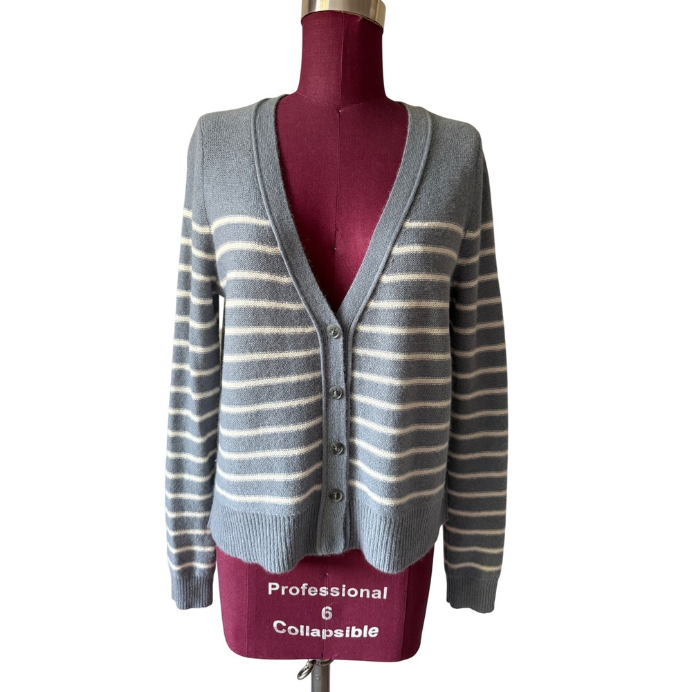 360 Cashmere Cardigan Striped V Neck Knit Blue Medium